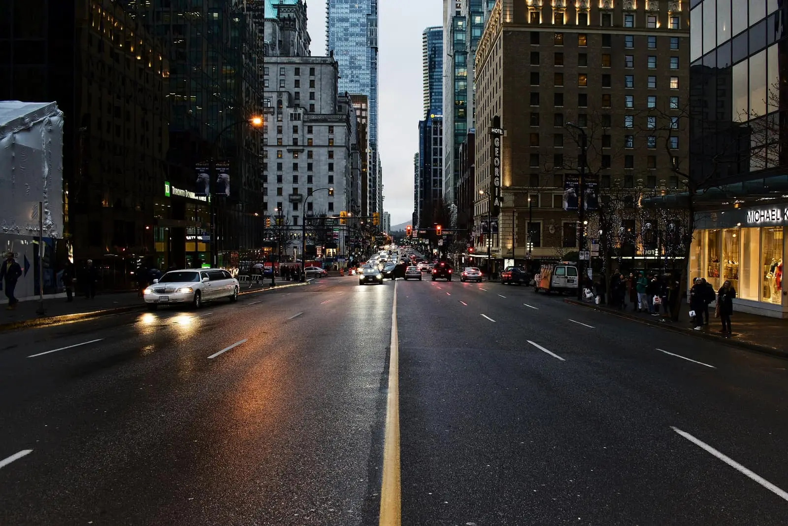 Downtown Vancouver street at dusk