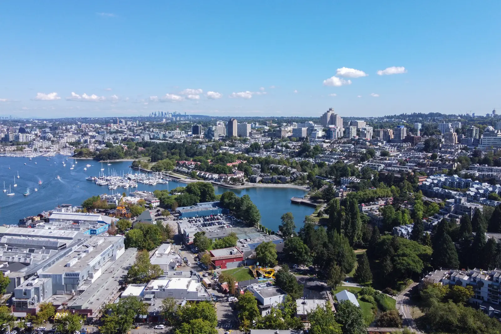 Aerial view of Fairview and False Creek South looking toward the Broadway corridor in Vancouver