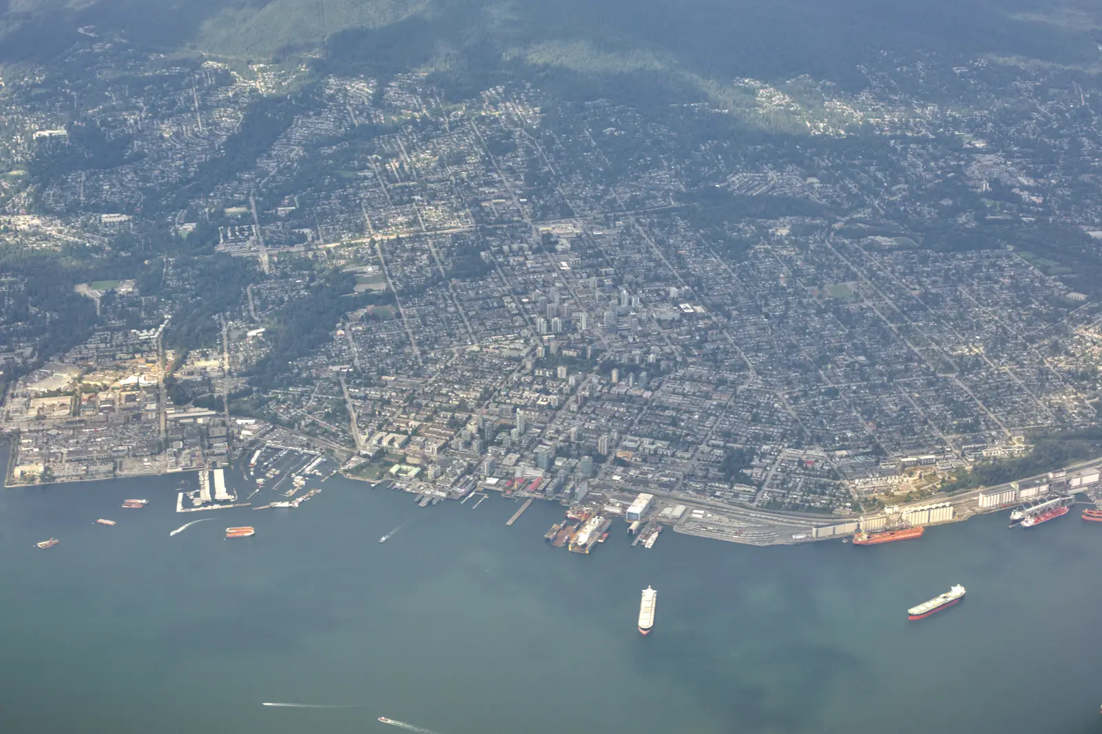 Aerial view of the City of North Vancouver looking northeast towards the North Shore mountains