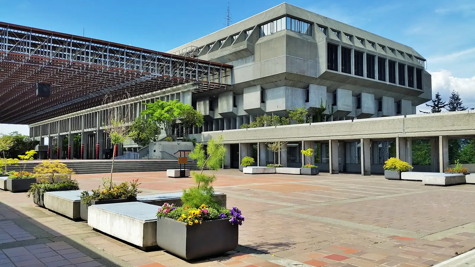 The Academic Quadrangle and Convocation Mall terrace at Simon Fraser University on Burnaby Mountain