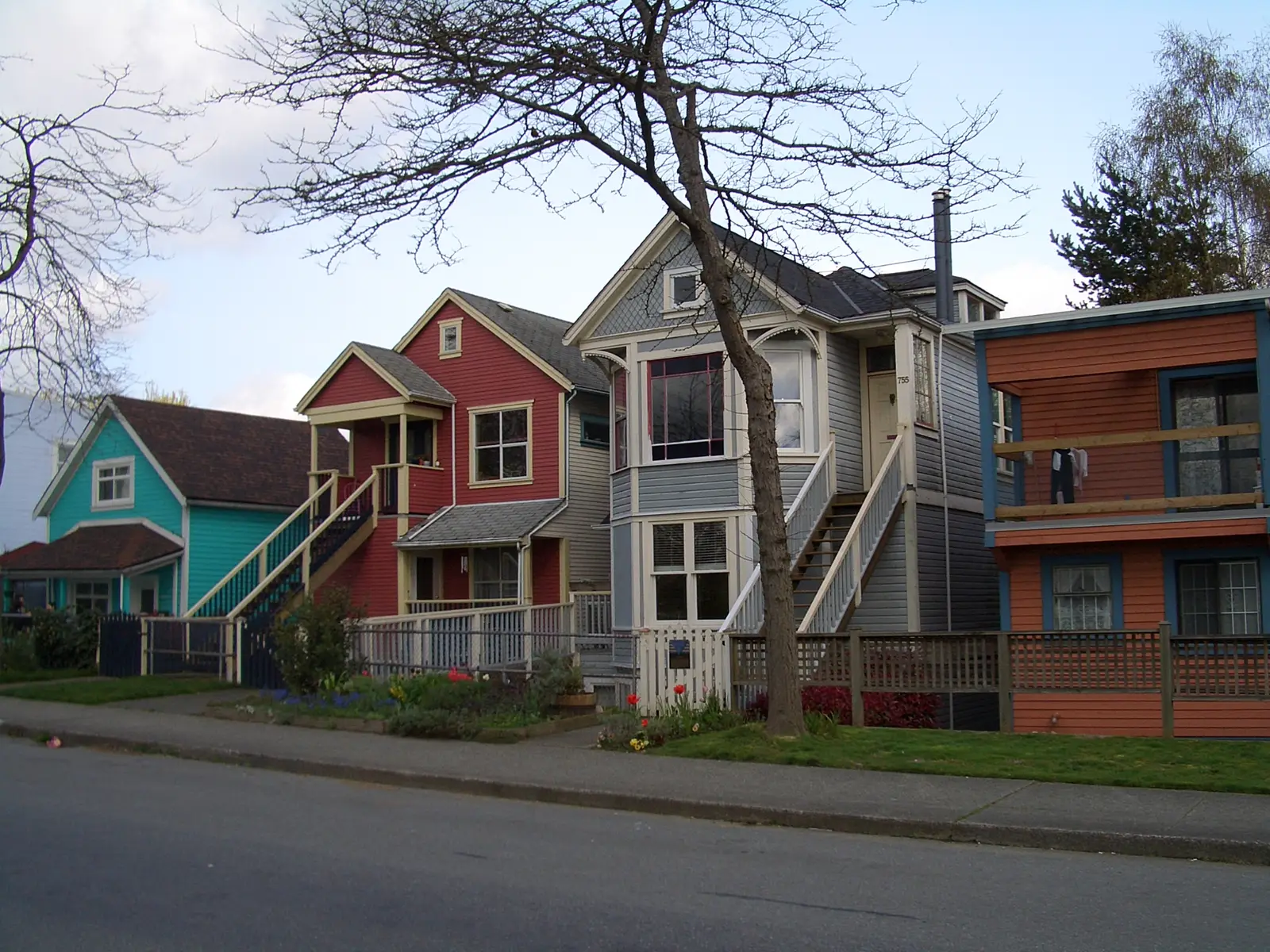 Historic heritage houses with colorful facades in Strathcona, Vancouver