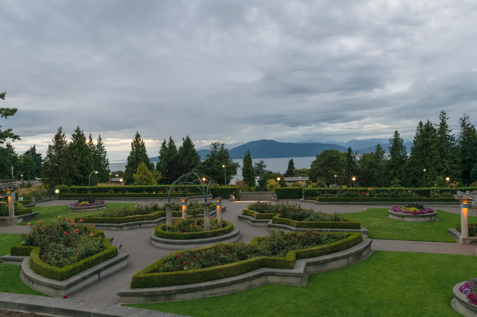 The UBC Rose Garden overlooking the Strait of Georgia and mountains in the University area