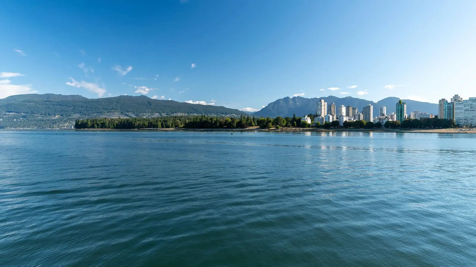 Stanley Park and the West End skyline across English Bay in Vancouver