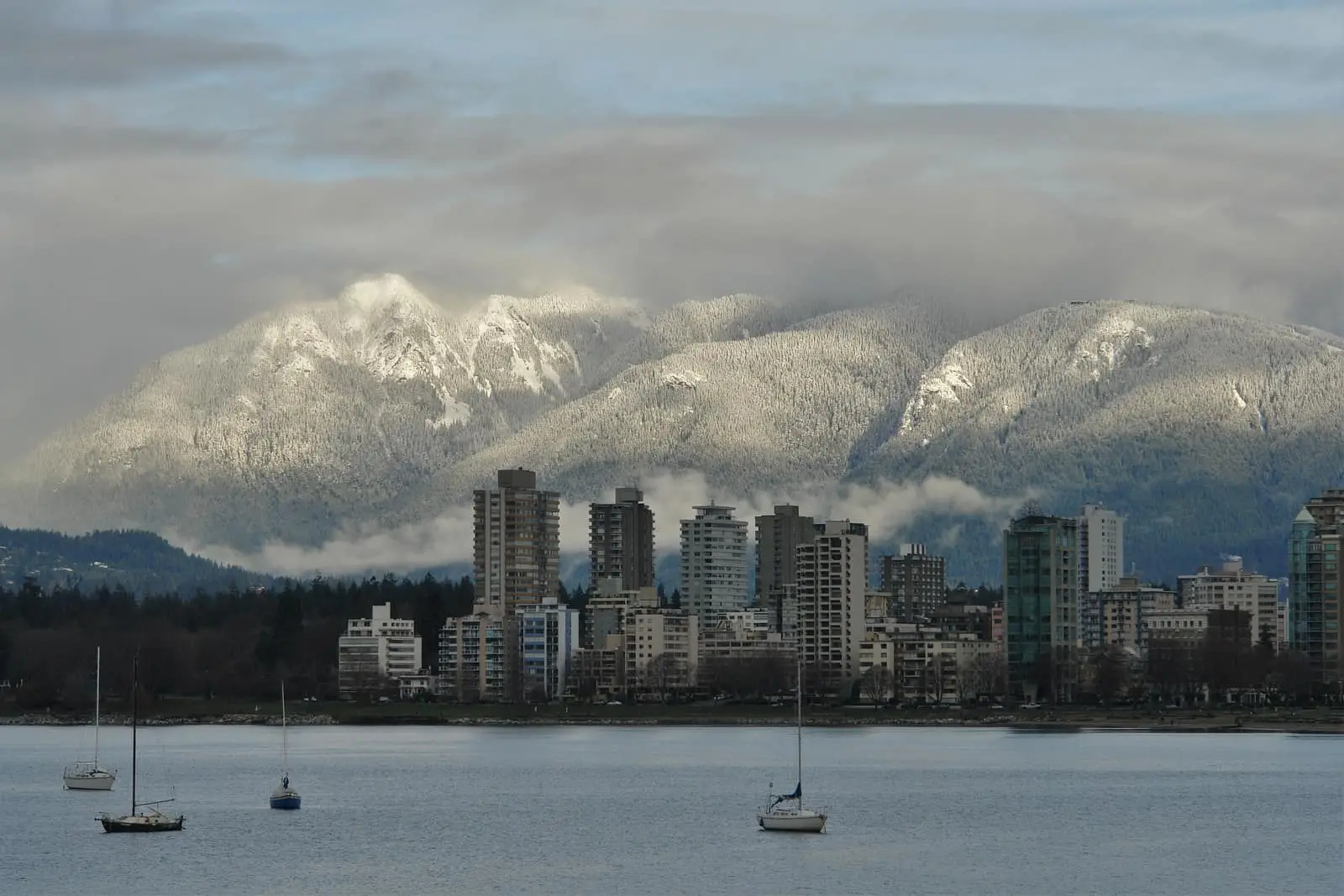 West Vancouver waterfront towers below the North Shore mountains